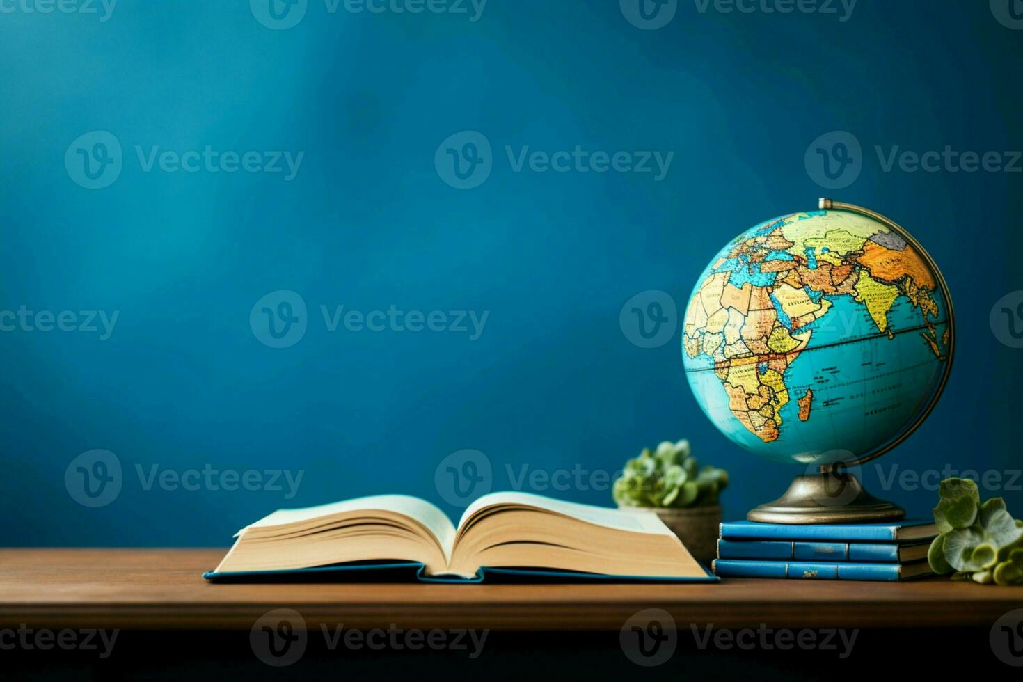 AI generated Knowledge worldwide Earth globe paired with a stack of books AI Generated photo