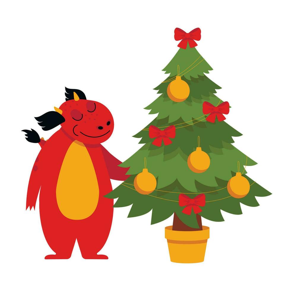Cheerful dragon decorates the Christmas tree with balls and bows. Vector graphics.