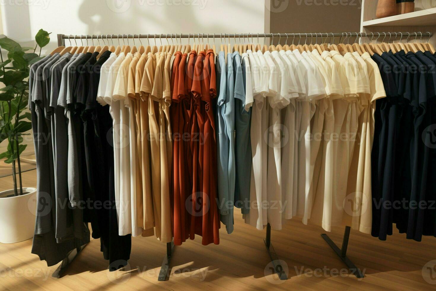 AI generated Fashion display hanging clothes attractively showcased and available for purchase photo