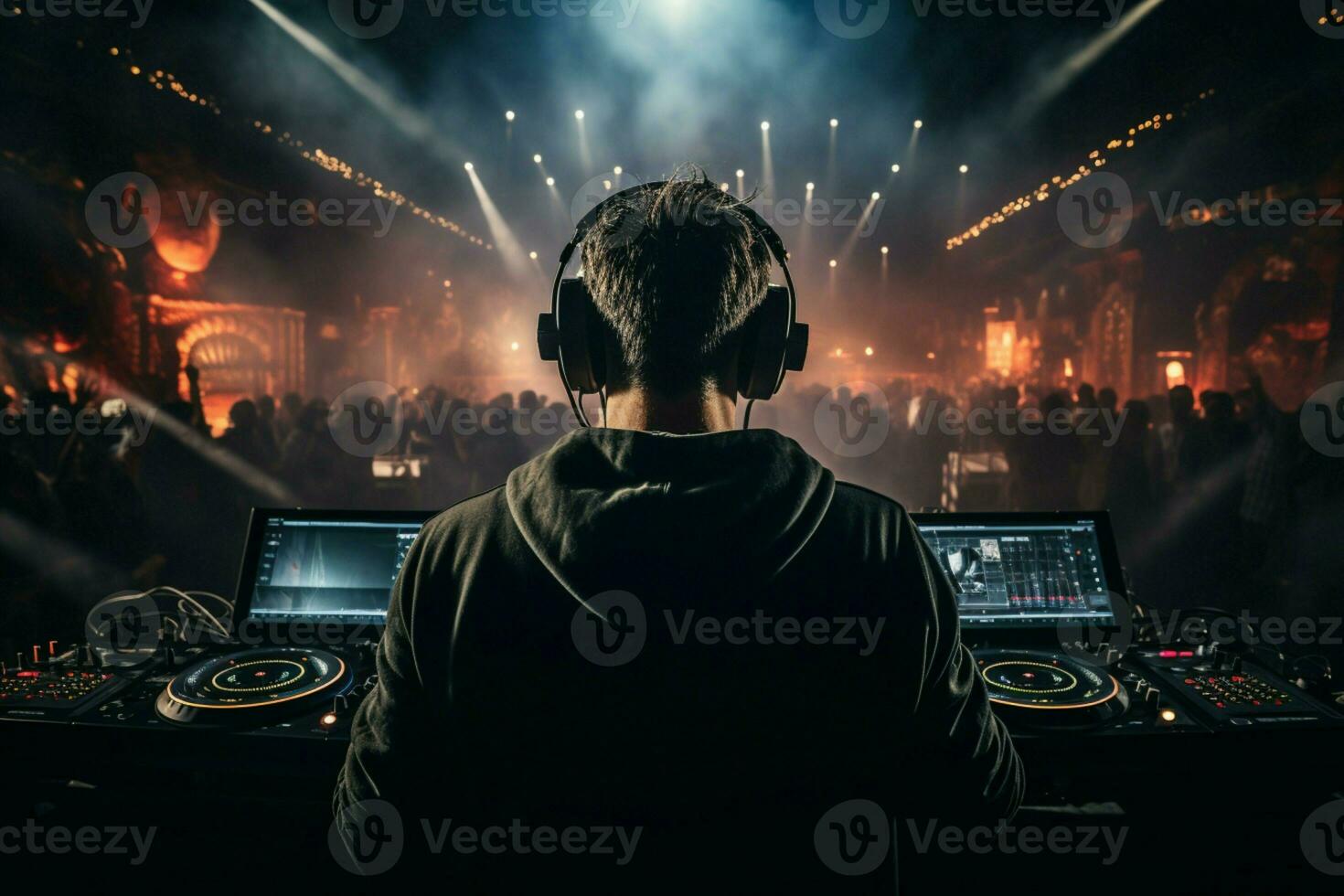 AI generated Dynamic view from behind DJ in action commanding the stage with music AI Generated photo