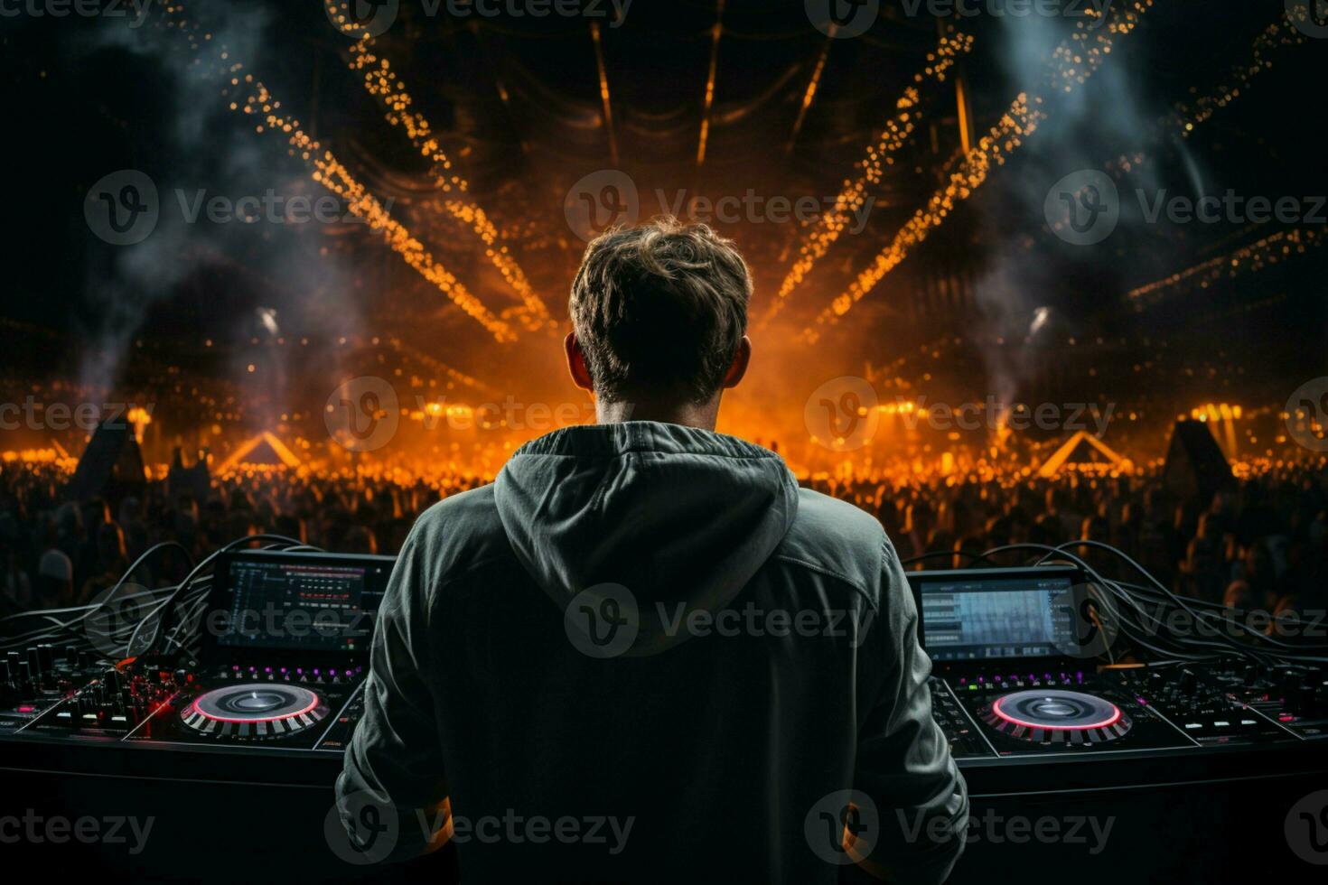 AI generated Dynamic view from behind DJ in action commanding the stage with music AI Generated photo