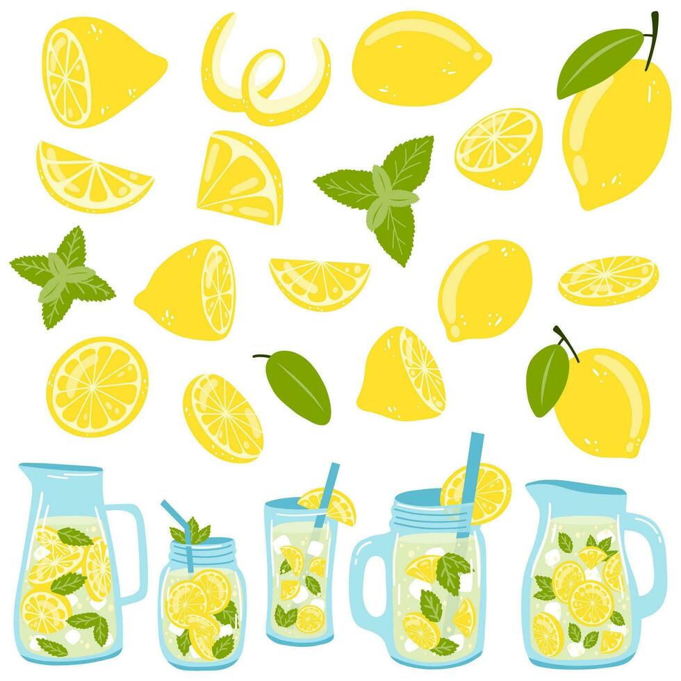 conjunto de limones y botellas con limonada. vector ilustración de agrios fruta, vaso, frascos con Fresco verano beber, menta para web diseño, logo, embalaje, pegatinas, impresión