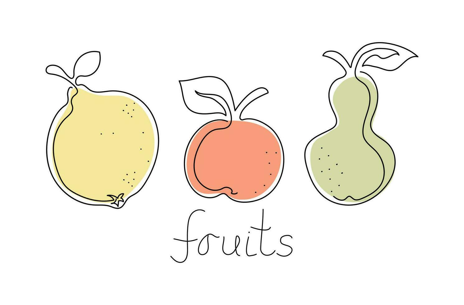 Abstract set of fruits, food, lemon, apple, pear. Line art collection, line art, drawing. Hand lettering, inscription. Vector illustration on white isolated background.