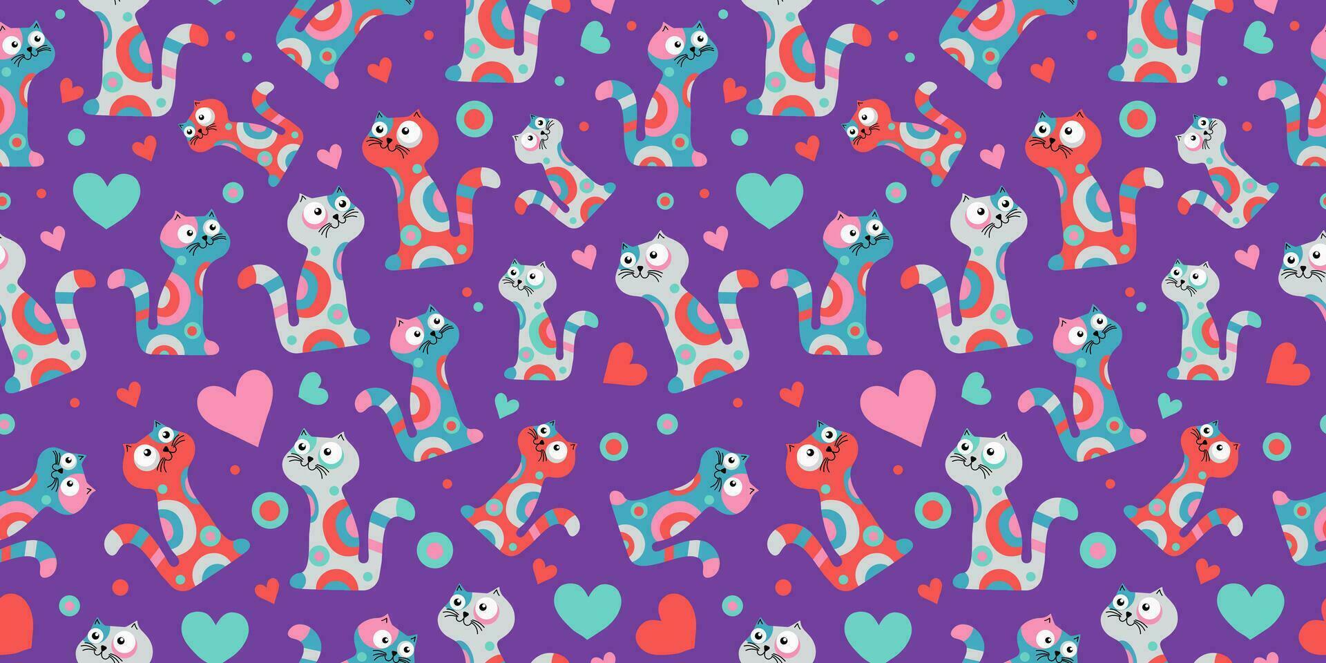 Pattern Bright multi-colored cartoon cats with hearts, cats in love. St. Valentine's Day. Seamless vector background. Wallpaper, decor.
