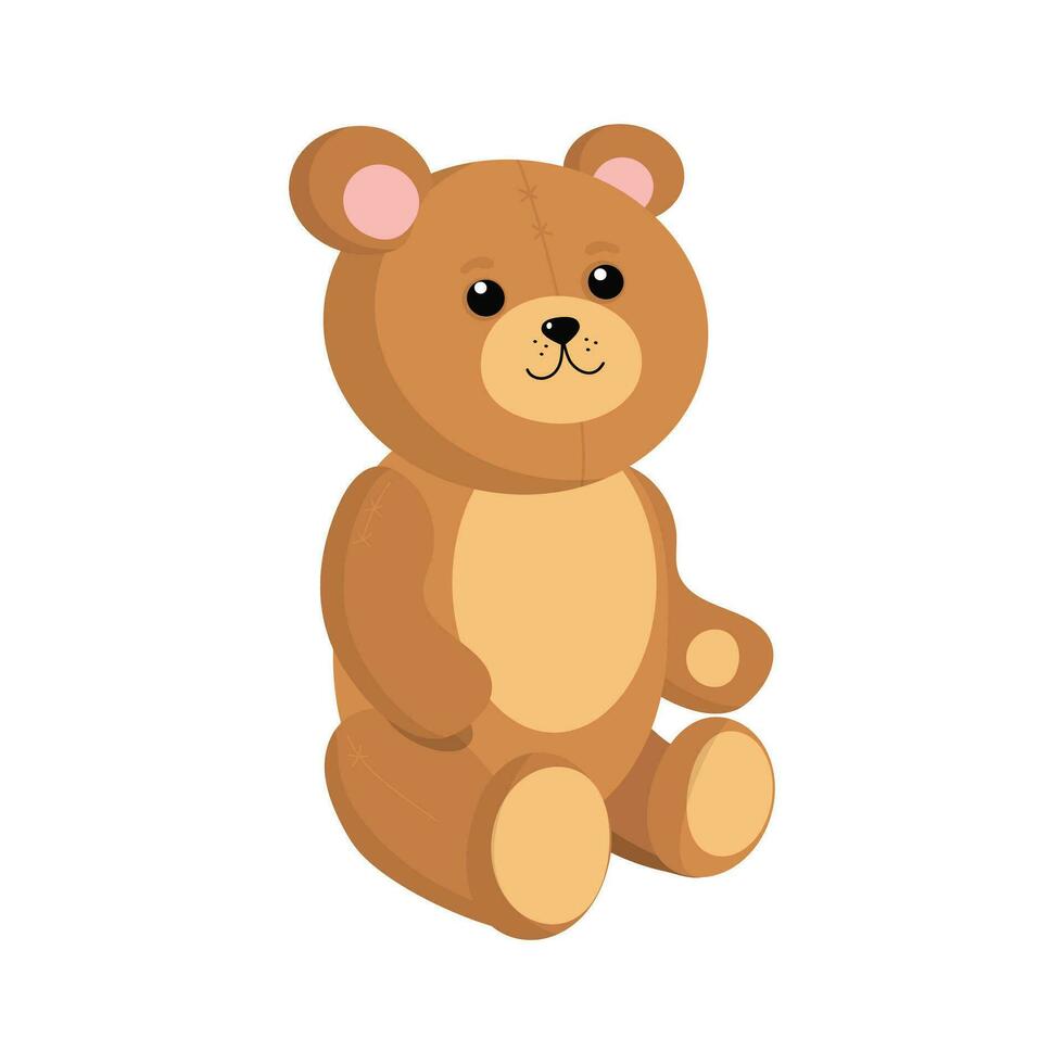 linda juguete oso. un sonriente osito de peluche oso se sienta en el piso. suave dibujos animados juguete osito de peluche oso marrón. osito de peluche oso. vector