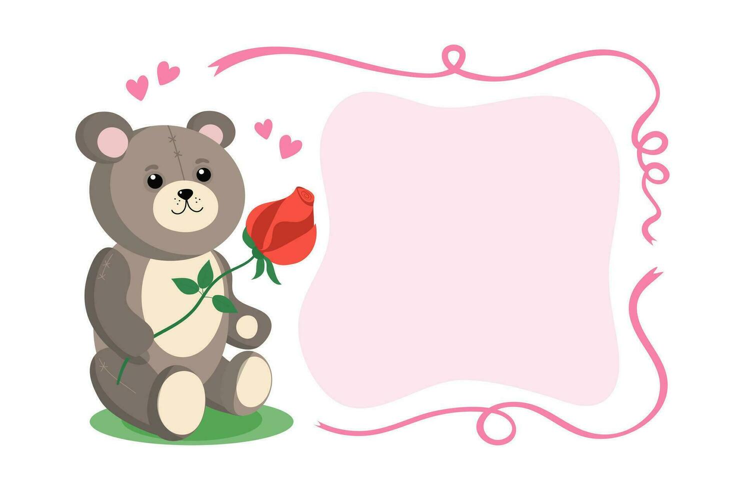 Teddy Bear frame. Postcard, flyer mockup. Cute toy bear with a flower. A smiling teddy bear with a rose, ribbons and hearts is sitting. Soft brown cartoon toy. Valentine's Day, love. vector
