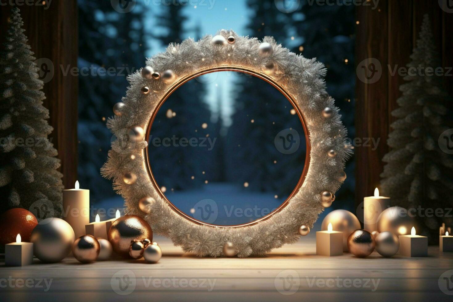 AI generated Elegantly designed 3D circle frame background perfect for Merry Christmas and Happy New Year AI Generated photo