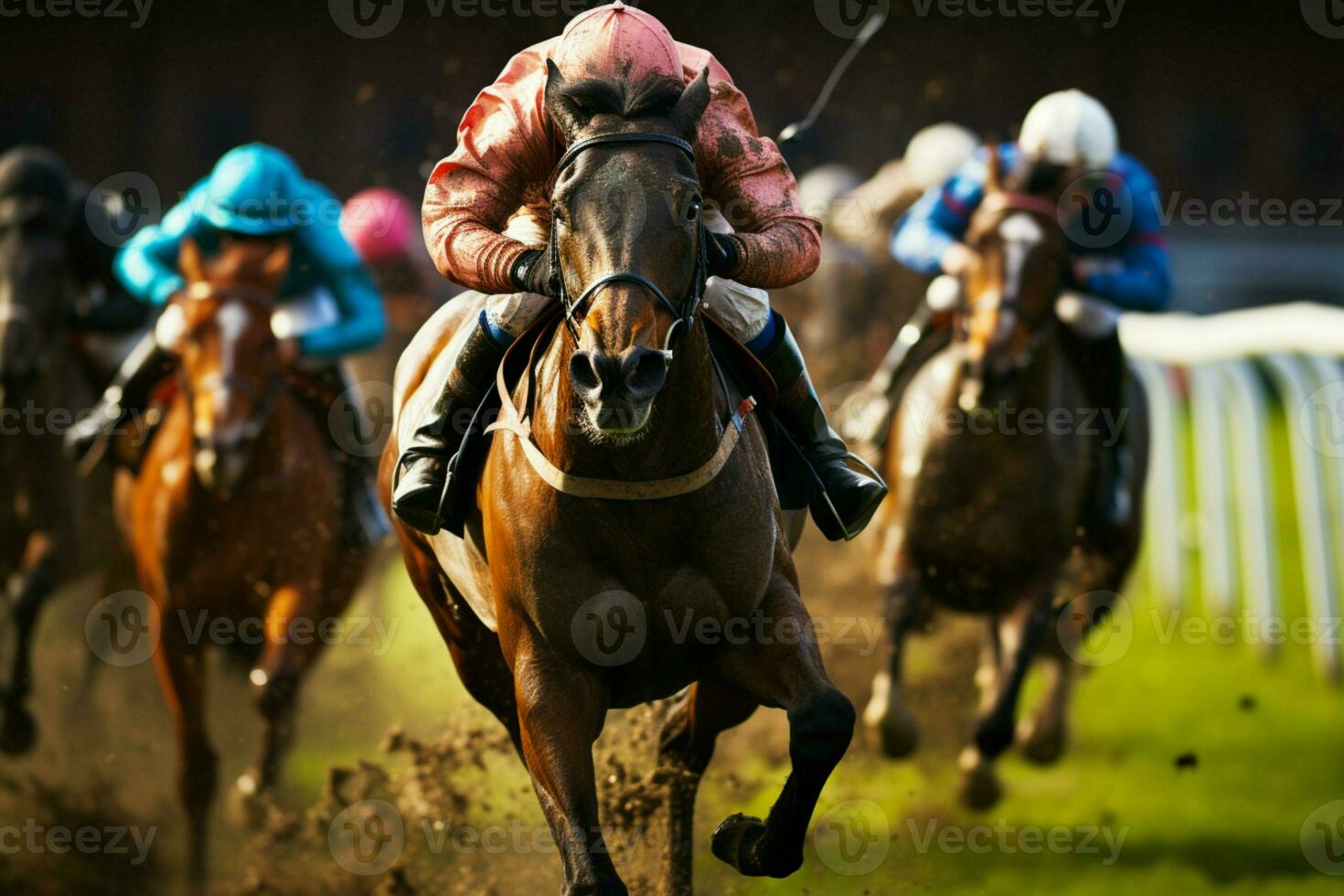 ai generado tremendo pezuñas el emoción de un caballo carrera en lleno columpio ai generado foto