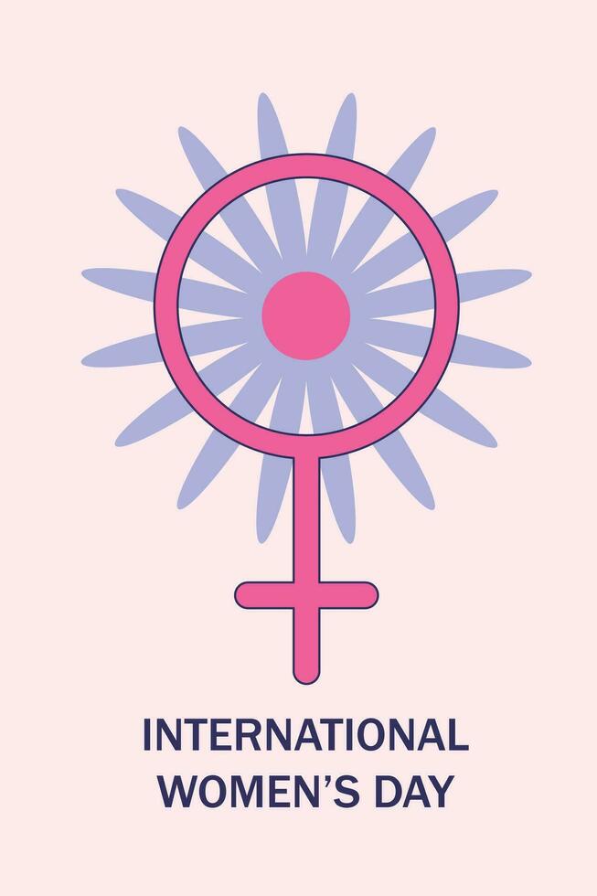 De las mujeres día saludo tarjeta. flor, hembra símbolo y texto aislado en ligero rosado antecedentes vector