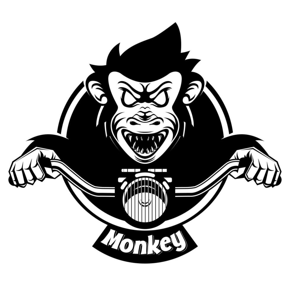 monkey driving motorcycle in cartoon illustration, design for logo in black and white vector