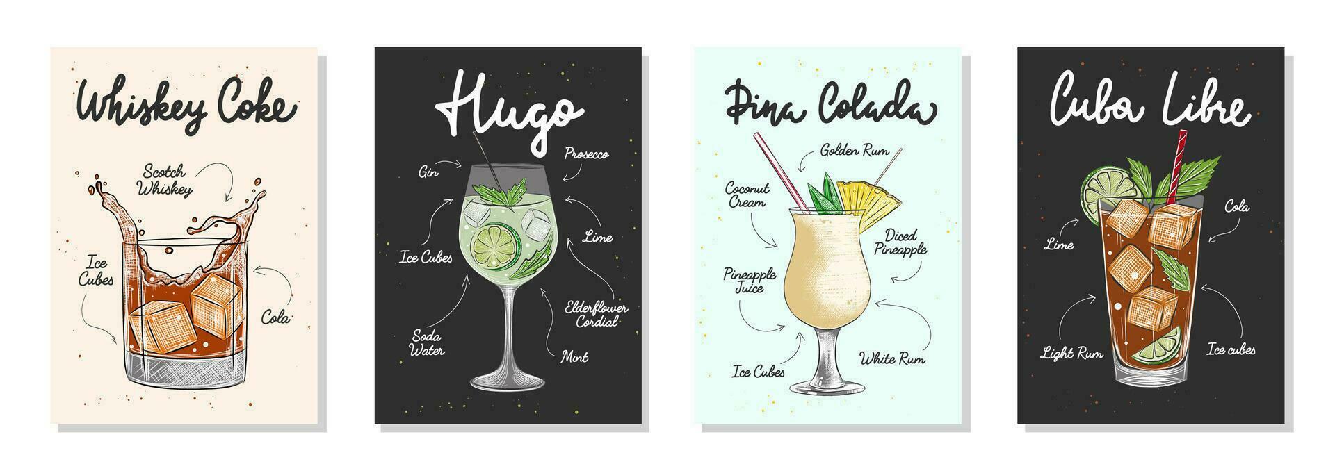 Set of 4 advertising recipe lists with alcoholic drinks, cocktails and beverages lettering posters, wall decoration, prints, menu design. Hand drawn typography with sketches. Handwritten calligraphy. vector