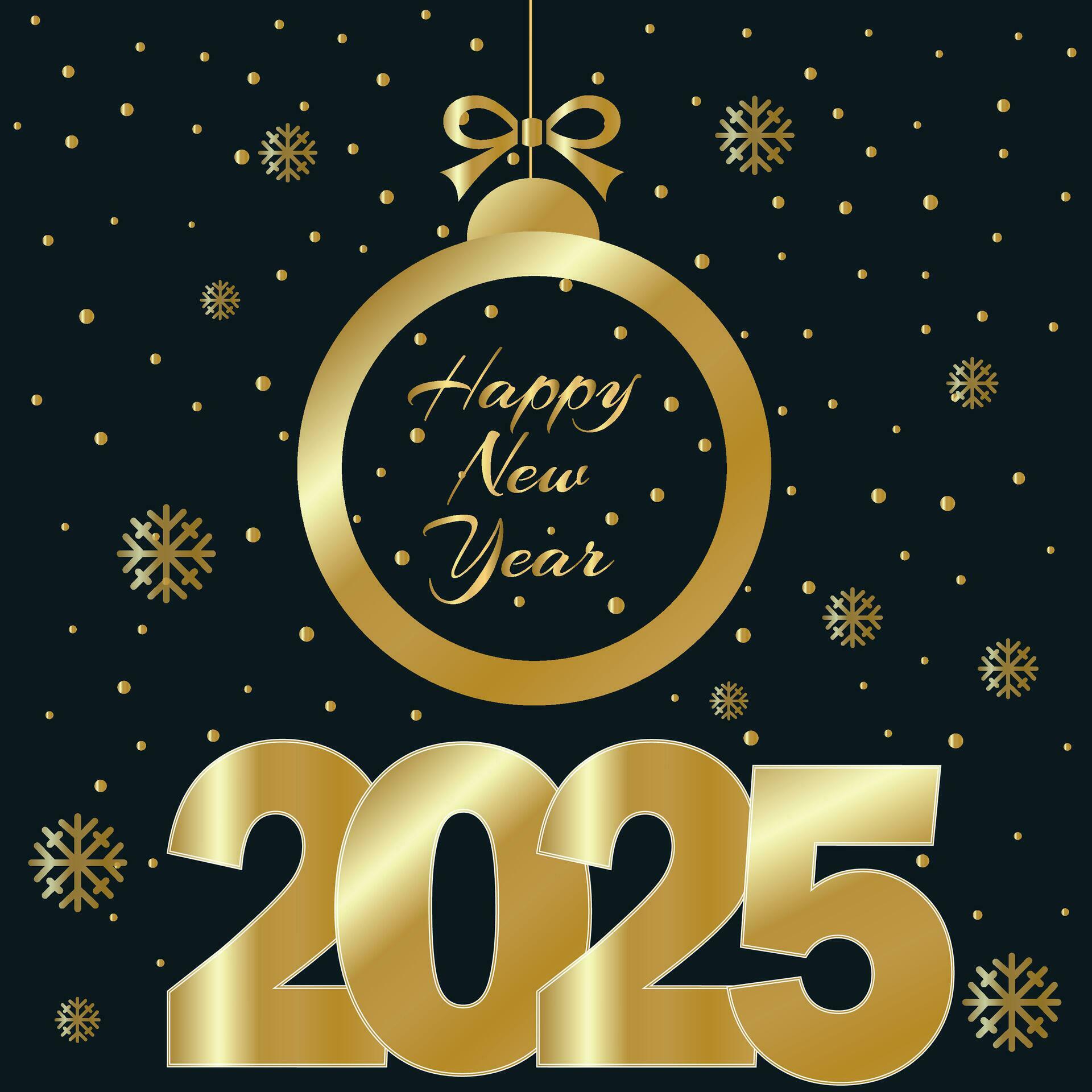 Happy New Year 2025. Golden Paper Cut 2025 Number With Hanging Bauble On Black Background For