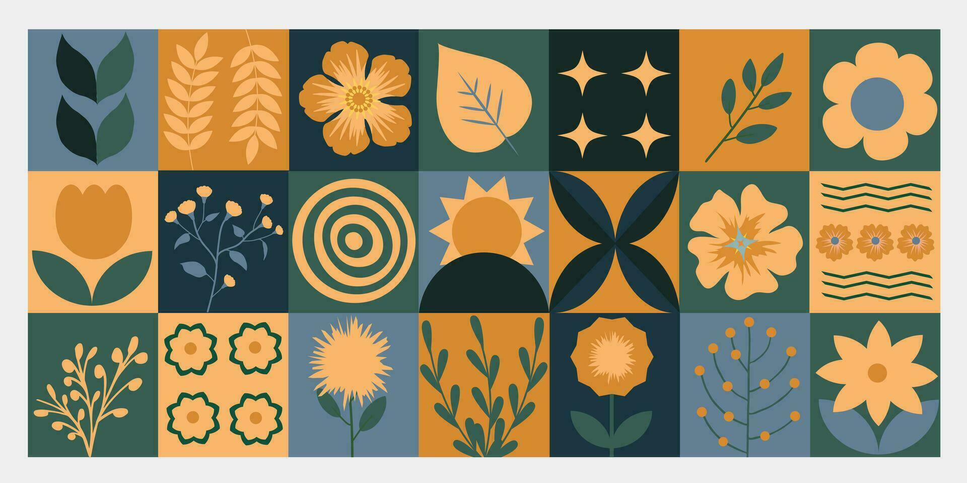 Bauhaus primavera geométrico floral modelo. mínimo natural flor hoja plantas sencillo formas, agricultura concepto. de moda diseño plantillas con vistoso geométrico elementos modelo vector