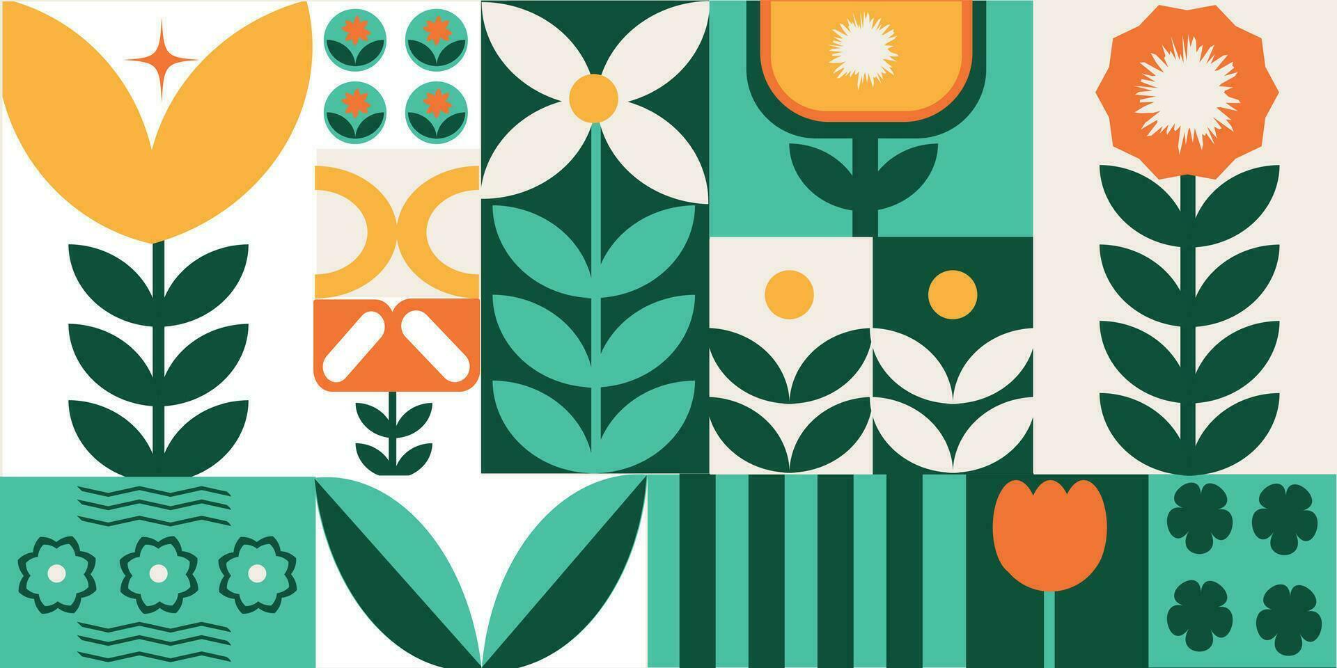 Floral abstract geometric seamless pattern for wrapping, pack paper, greeting cards, posters, banners and social media. Natural eco background with flowers, plants and simple forms. vector