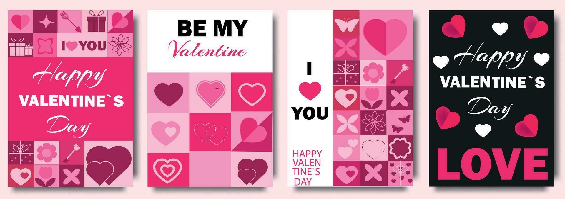 Set of Valentine's day geometric abstract posters. Vector mosaic backgrounds with hearts, flowers and simple forms for prints, wrapping, social media. Template greeting cards, banners, sale promotion