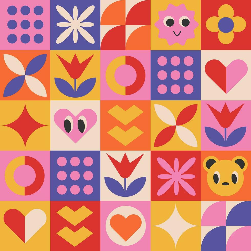 Beuhaus abstract pattern. Background with cartoon heart and flower. Geometric pink bright seamless with shape. Brutalism basic forms. vector