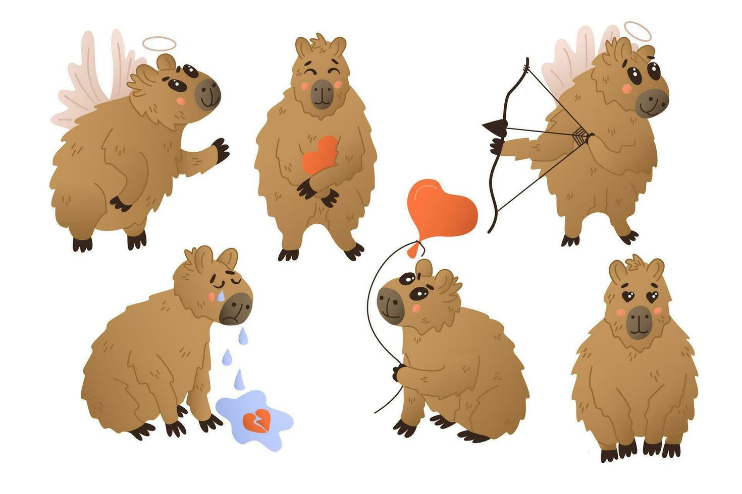 Set of fun hand drawn capybaras with emotions and hearts. St Valentines day concept. Cute flat animal cartoon characters with emotions and feelings. Isolated set on white background. vector