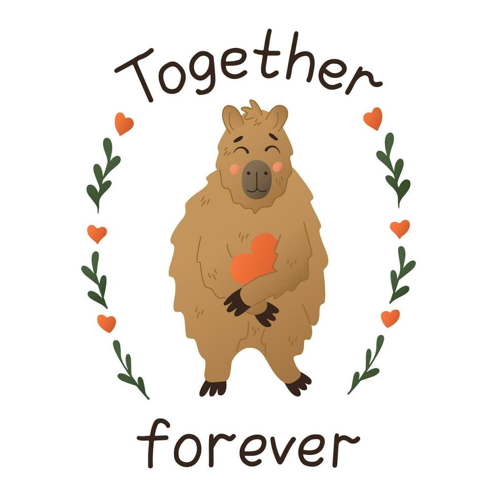 Fun flat hand drawn capybara with love lettering. St Valentines day concept. Cute flat animal character with heart and floral elements. Isolated sticker on white background vector