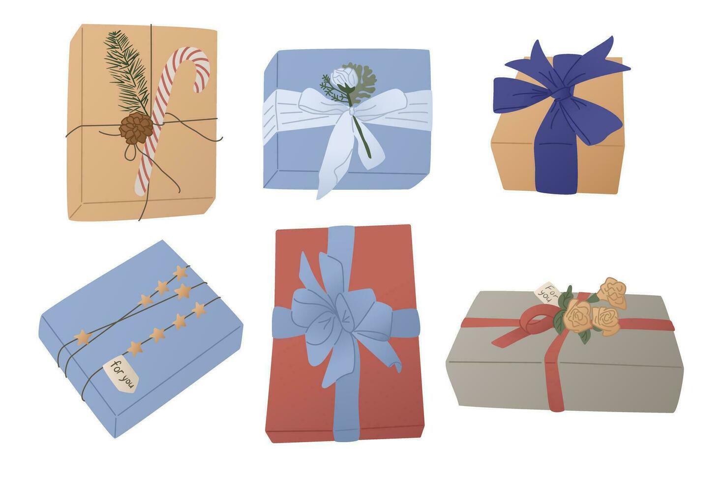 elegante envuelto regalo cajas en vacaciones. moderno regalos con cinta y flores para cumpleaños, san valentin día, aniversario, Navidad. vector