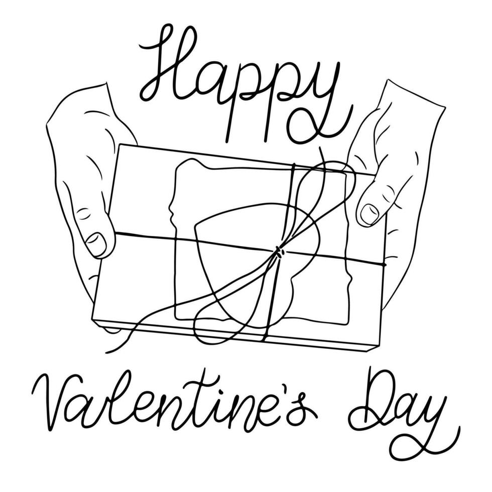 Contour doodle lettering on St valentines day with hands and gift. Vector outline hand drawn illustration on white background.
