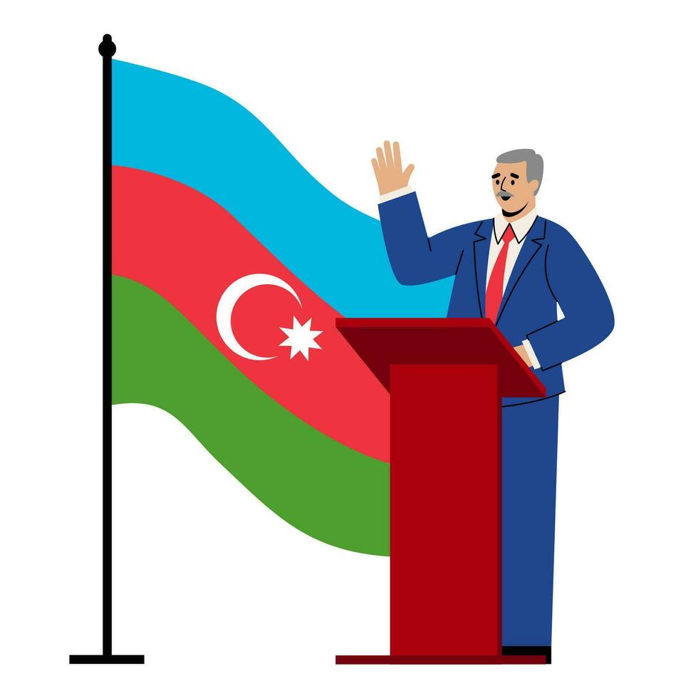 presidencial elecciones en azerbaiyán un masculino político en un traje elevado su mano. allí es un bandera en el antecedentes. vector ilustración