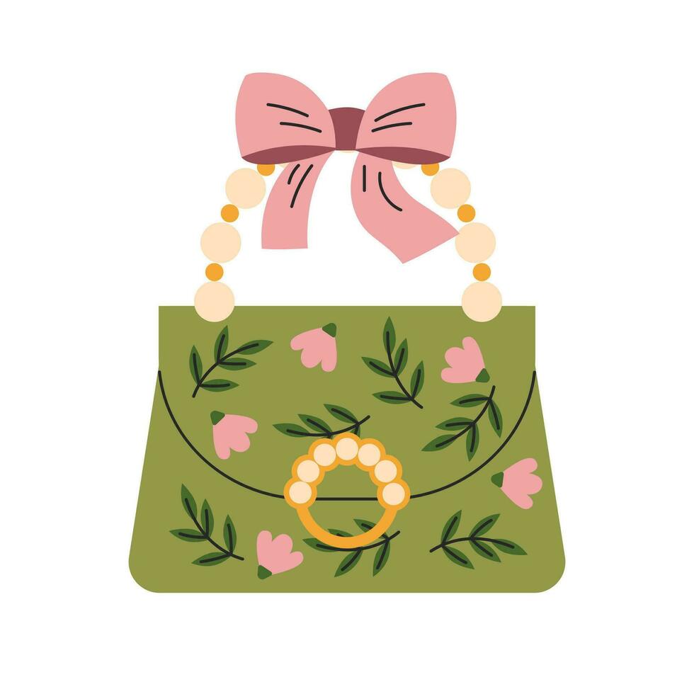 Cute women's handbag with flowers, embroidery. cottage core fashion. Vintage, retro. Vector, flat, cartoon illustration vector