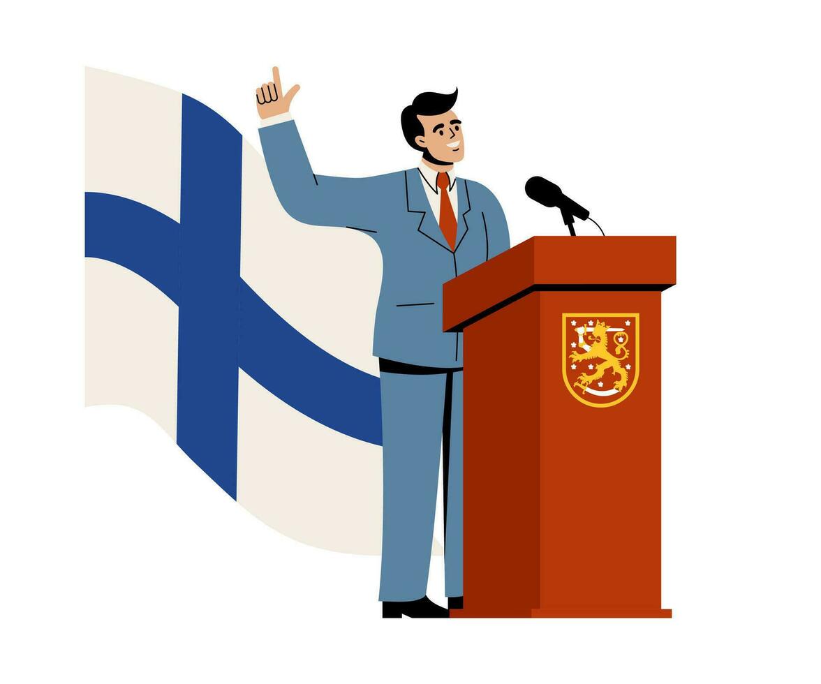 The President of Finland takes the oath of office in front of the flag. Presidential elections in the country. A man in a suit, a politician. Flat, cartoon illustration vector