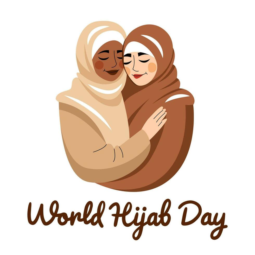 Covered girls in hijab hugging. International Hijam Day. Two Muslim women are smiling. Flat, cartoon, vector. vector