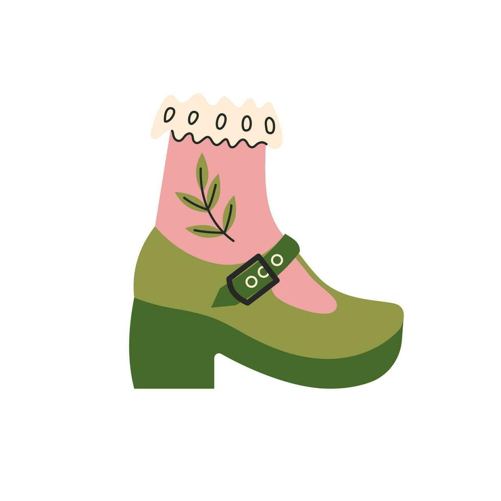 A nice lady's shoe. Socks with flowers, embroidery, lace. cottage core fashion. Vintage, retro. Vector, flat, cartoon illustration vector