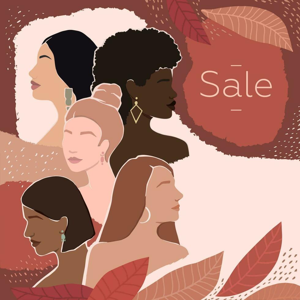 girls of different races together on an abstract autumn background with leaves. modern vector flat illustration with inscription sale with free space for your design and text. isolated by layers.