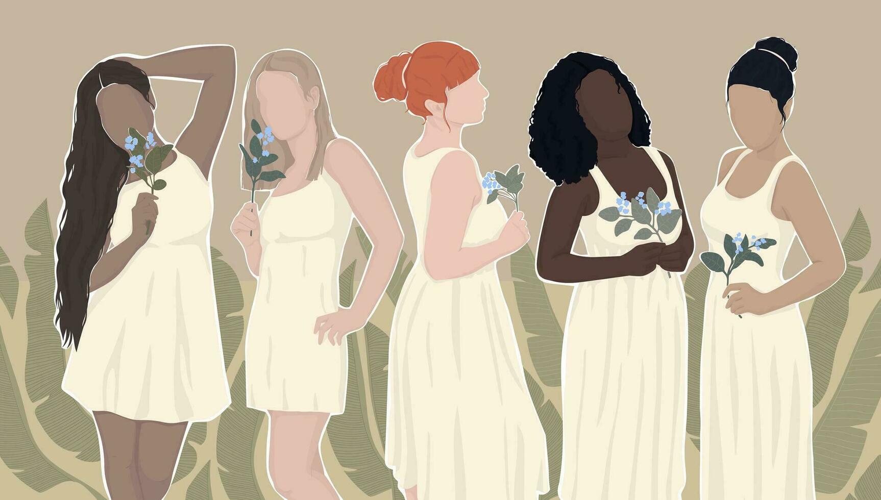 set of drawn women from different ethnic groups in white dresses hold flowers in their hands. vector modern flat illustration. isolated in layers. for postcard, poster, banner, magazine cover