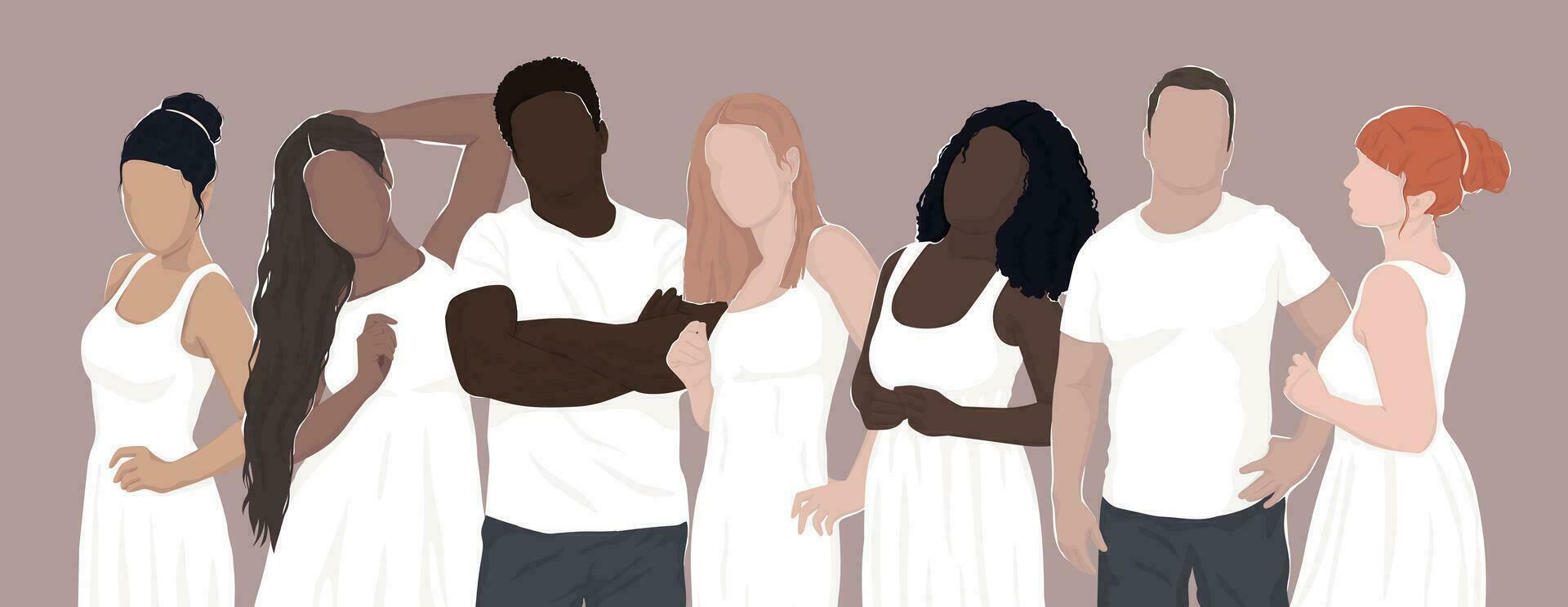 set of drawn diverse people in white clothes. women and men from different ethnic groups. modern flat illustrations. for postcard, poster, banner vector