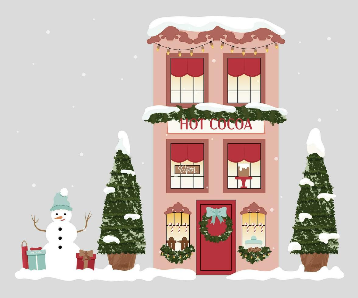 Christmas House, Pink Cocoa Shop, Christmas Shop, Premium Vector
