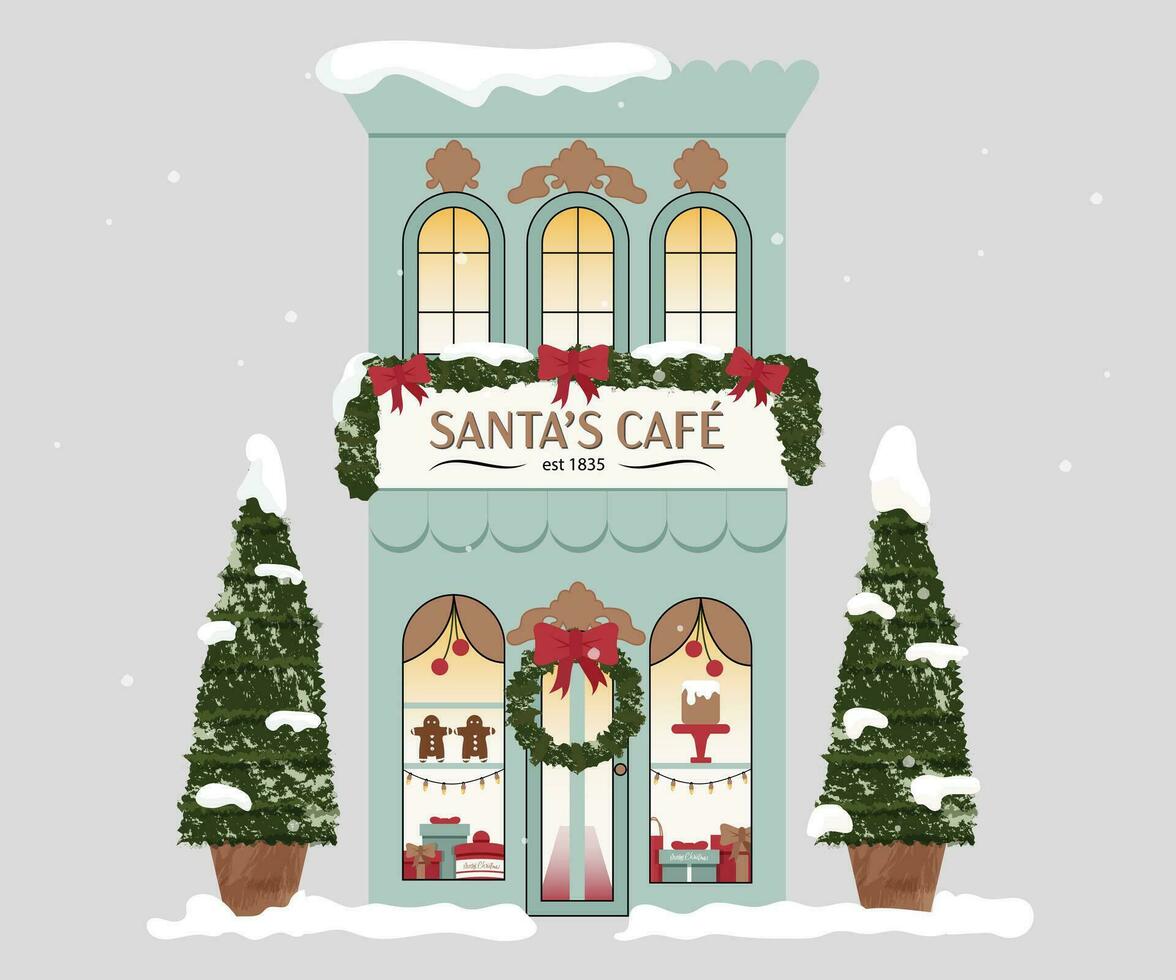 Blue Santa's Cafe, Christmas House with Decor, Premium Vector