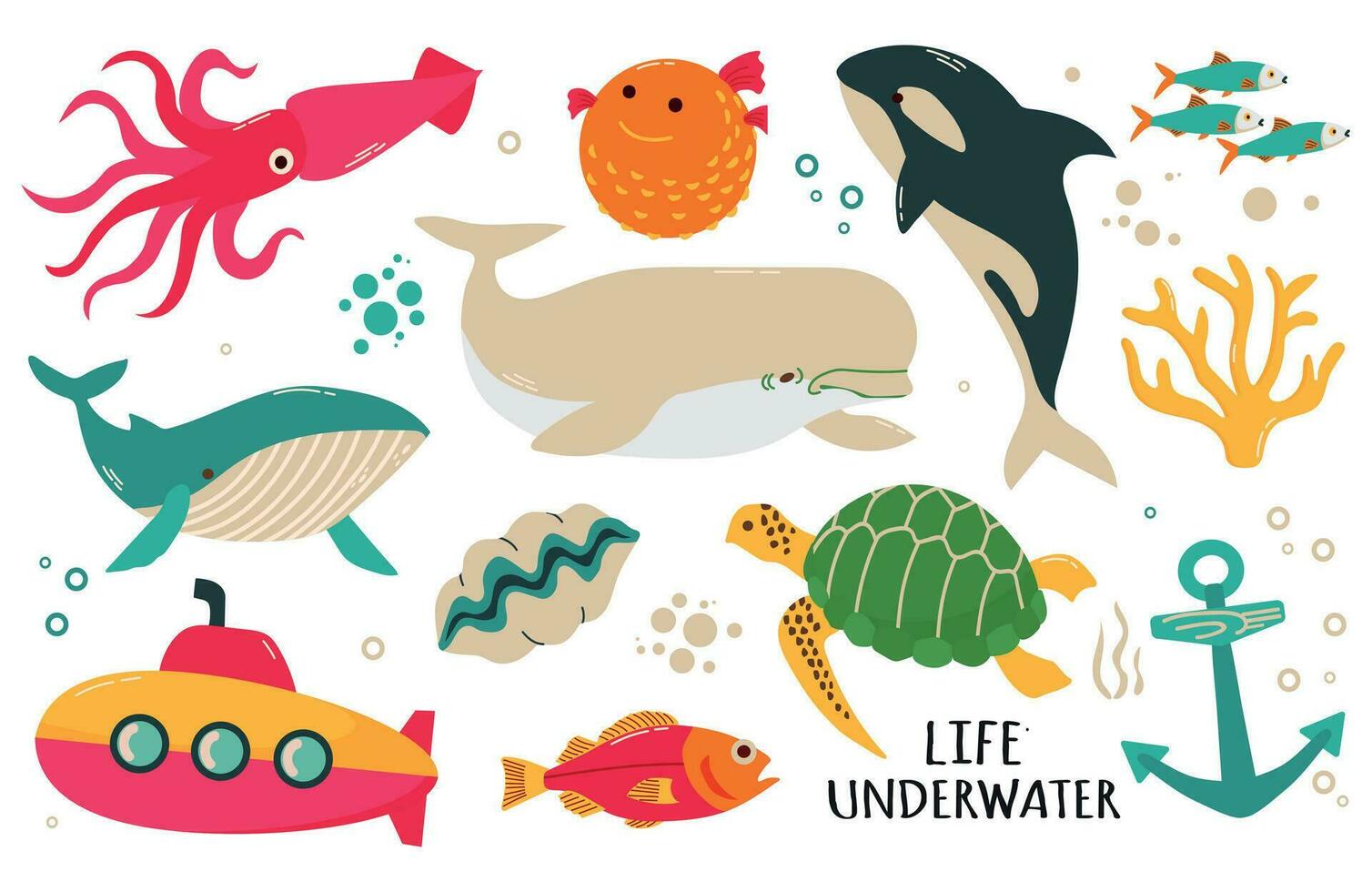 Set of sea and ocean underwater animals and submarine. Sea turtle, beluga, blue whale, coral, sea fishes, squid and anchor  cartoon vector illustration isolated on white background