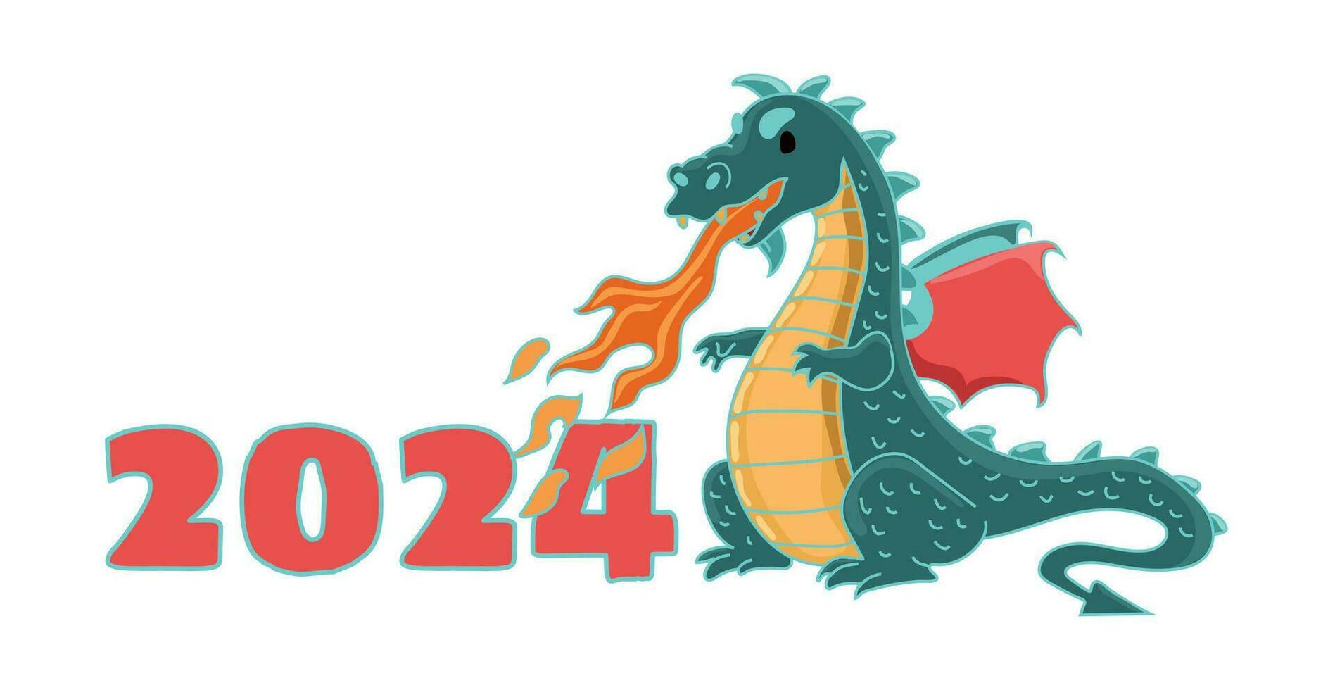 Dragon burning numbers 2024 new year card poster vector illustration