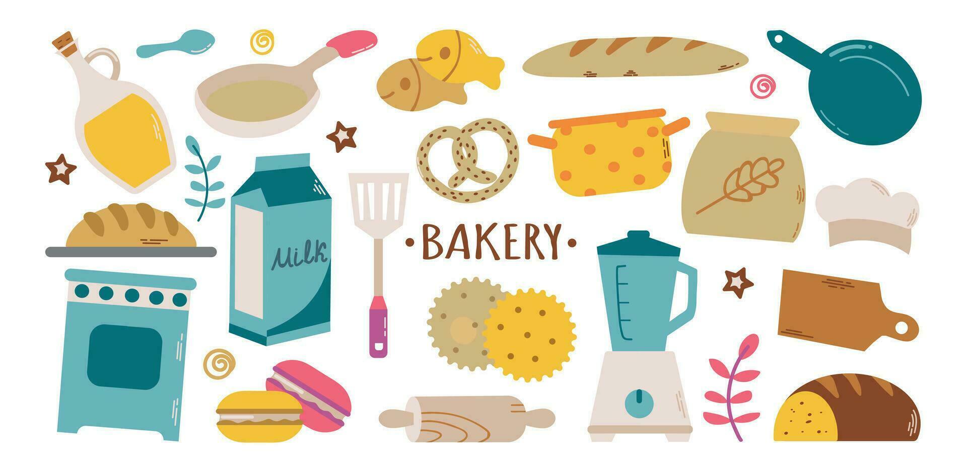 Vector collection set with baking and kitchen elements in doodle style isolated on white