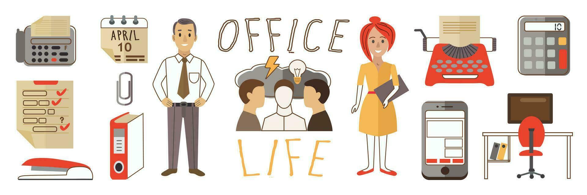 Vector isolated cartoon icon clipart illustration set collection of office items office workers man and woman in retro style with lettering