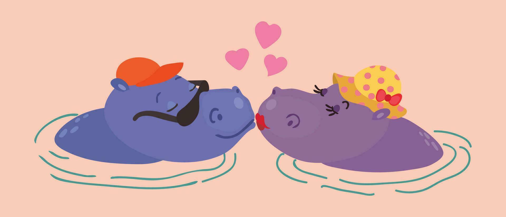 S t San Valentín día tarjeta con dibujos animados hipopótamos en amor vector ilustración