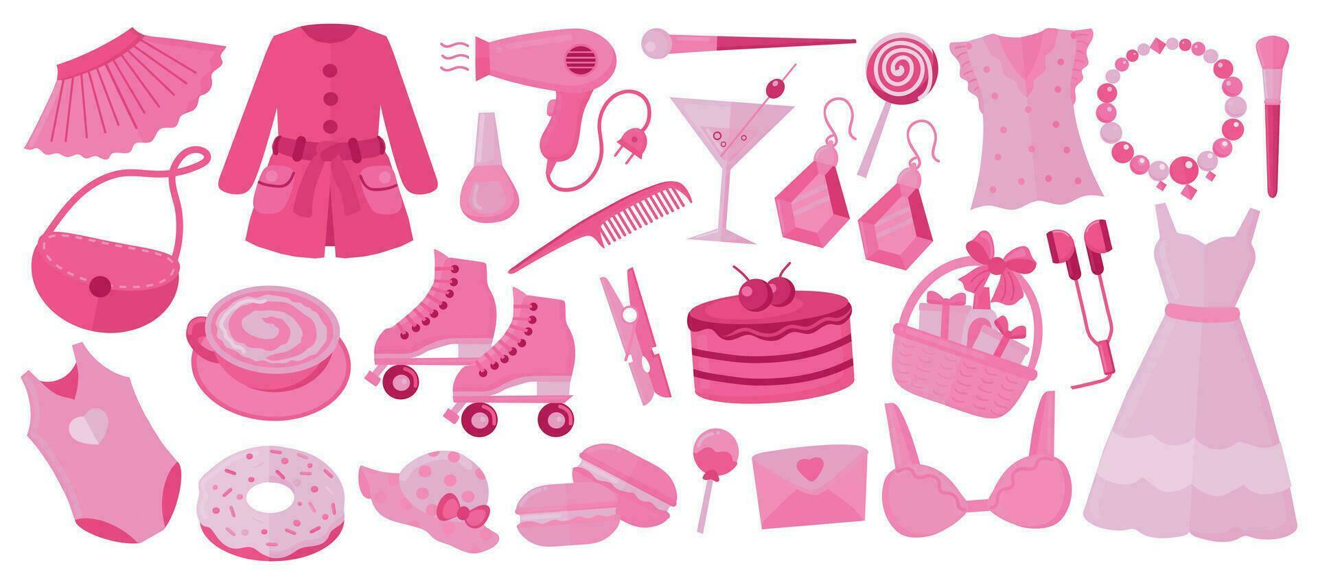 Trendy pinkcore, barbiecore elements set, 2000s style. Pink colors clothes, accessories and sweets and drinks vector