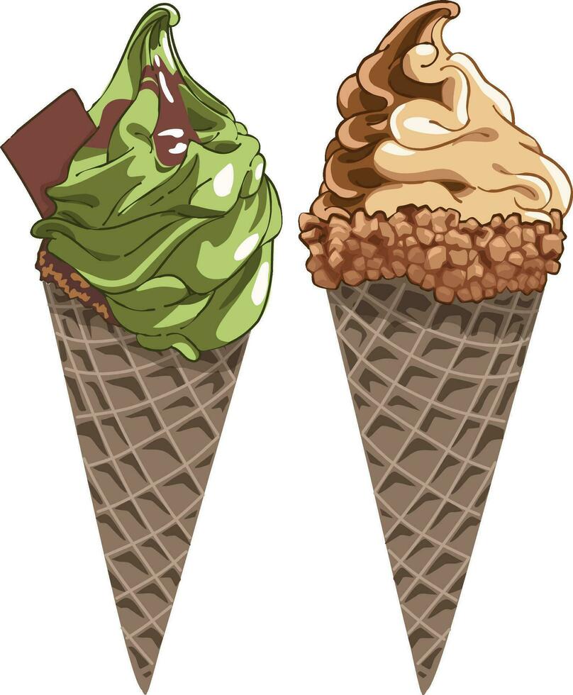 illustration of matcha and chocolate flavored ice cream cones vector