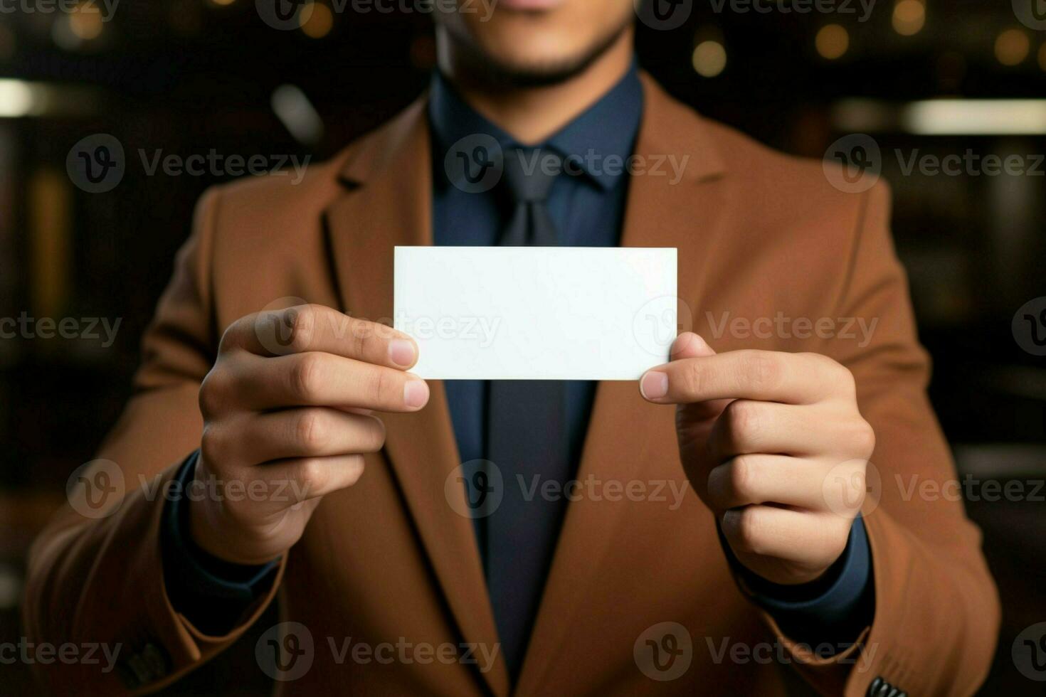 AI generated Business elegance Close up of a man in a suit showcasing a business card mockup AI Generated photo