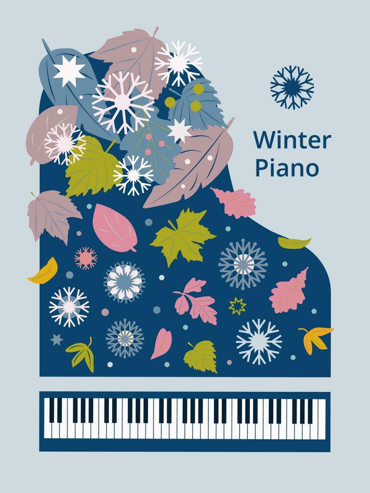 Artistic winter poster with blue piano leaves, snowflakes and text, on a light gray-blue  background. Modern geometric style. For music magazines banners vector