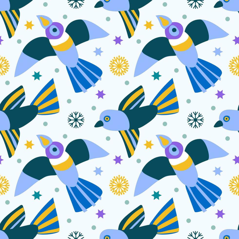Artistic Winter pattern with birds and snowflakes. It can be used for textiles, fashion, wallpaper, wrapping paper, notebooks vector