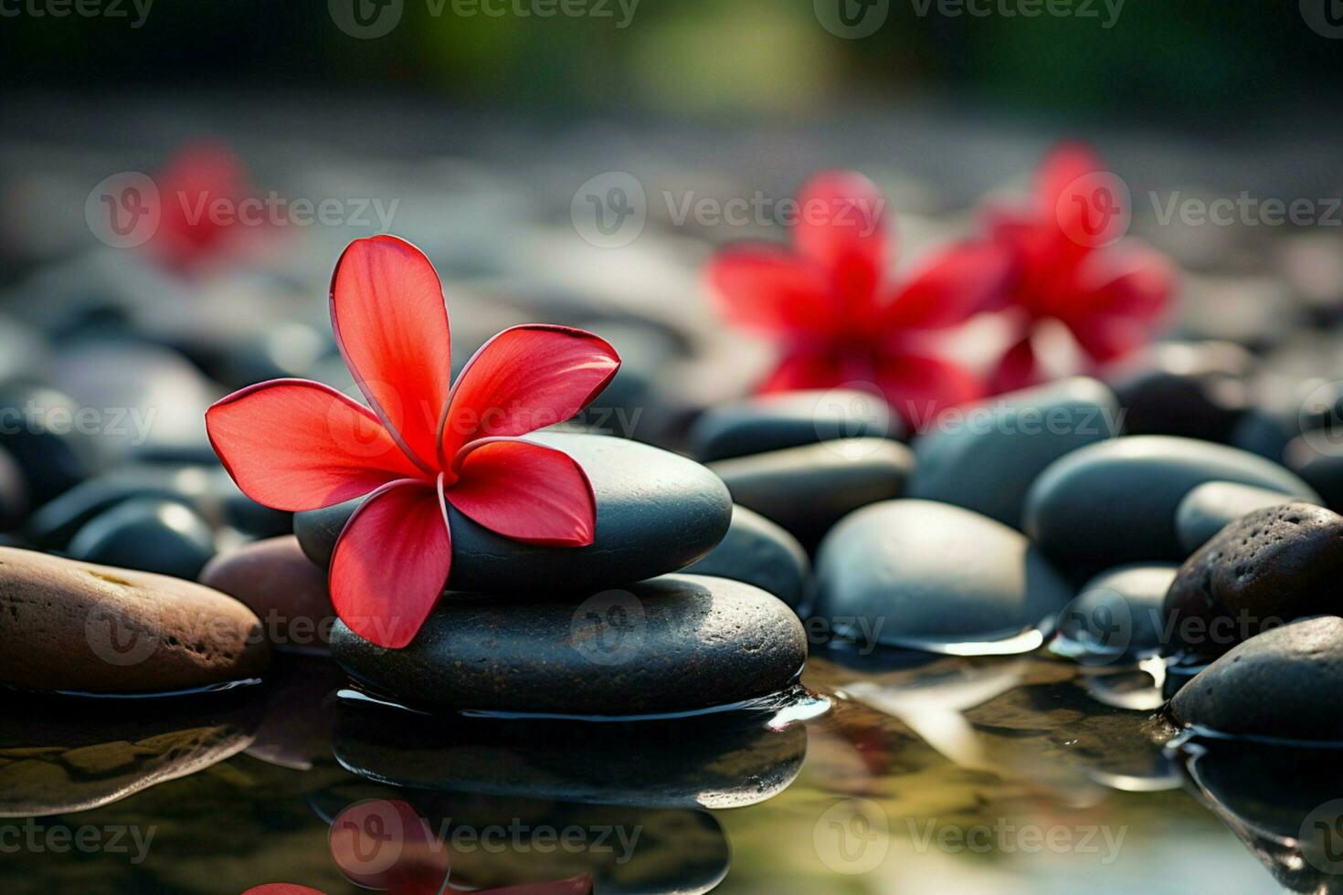 AI generated Spa ambiance red frangipani flower amid soothing arrangement of spa stones photo