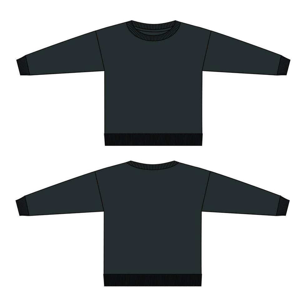 Long sleeve sweatshirt black color template front and back views  isolated on transparent background vector