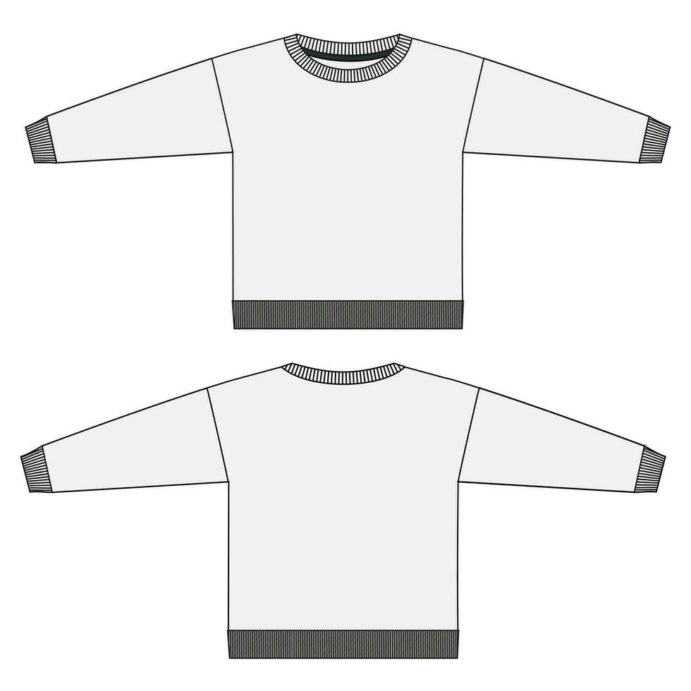 Long sleeve sweatshirt fashion flat sketch template front and back views isolated on transparent background vector