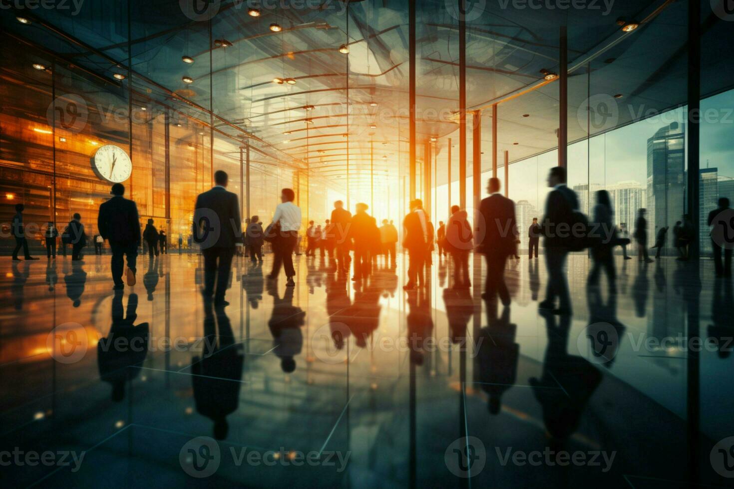 AI generated Urban hustle Silhouettes of business people navigating the city portraying time management AI Generated photo