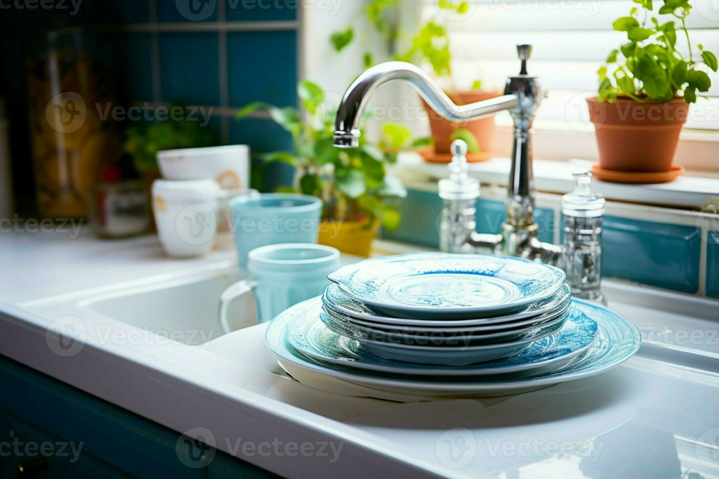 ai generado diario mantenimiento imagen de lavar platos mantener cocina higiene y orden ai generado foto