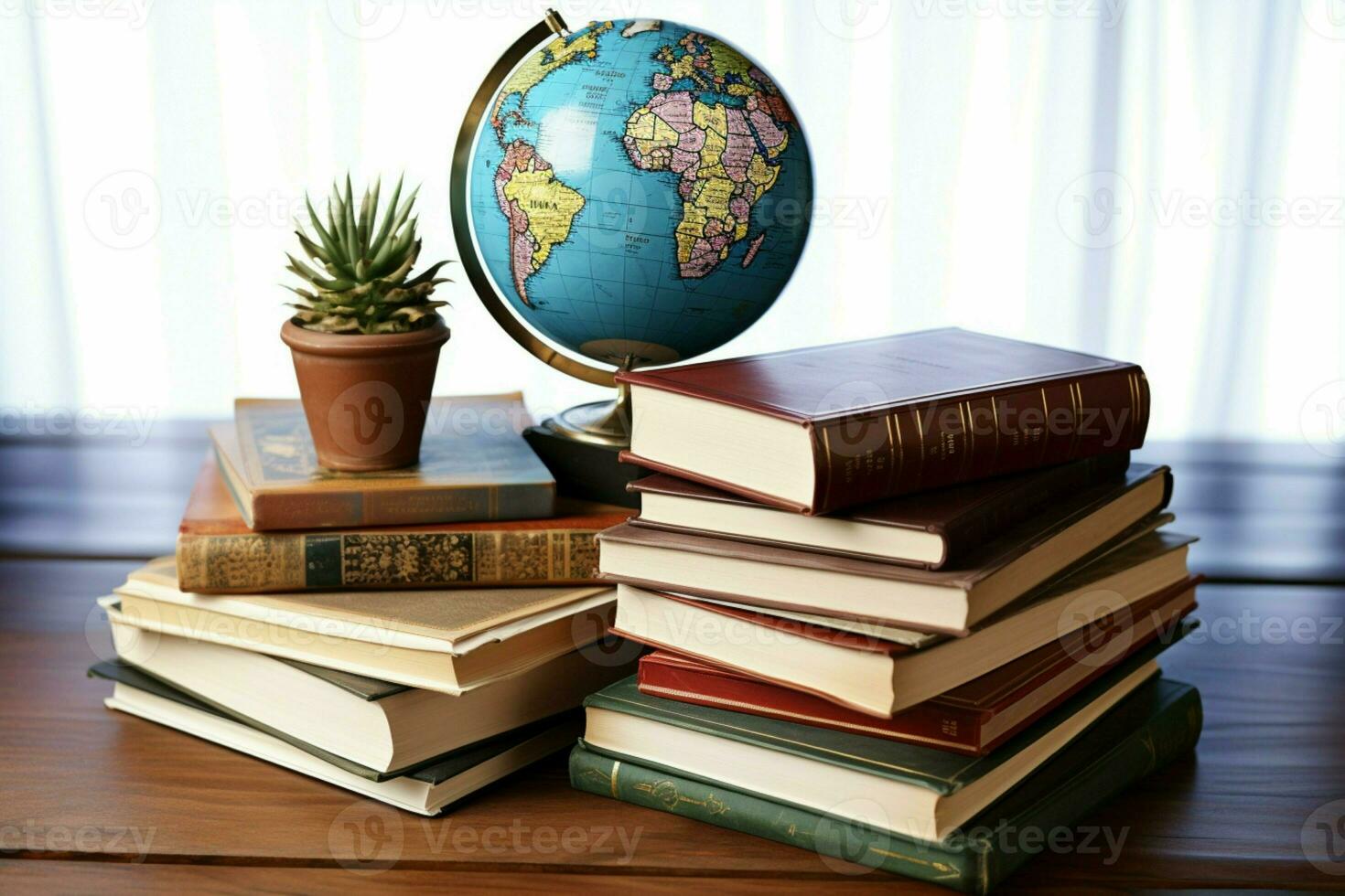 AI generated Knowledge worldwide Earth globe paired with a stack of books AI Generated photo